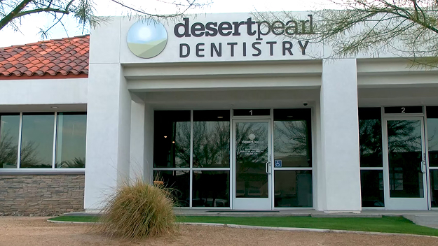 Desert Pearl Dentistry Office Exterior – Dentist in Rancho Mirage, CA The front entrance of Desert Pearl Dentistry showcases a modern clinic design and welcoming environment for patients – Dentist in Rancho Mirage, CA.